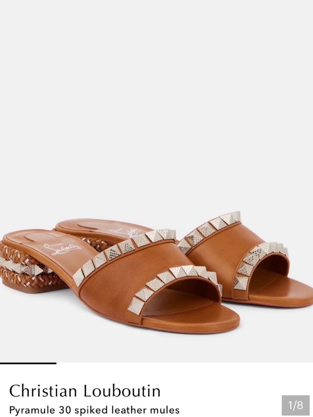 CHRISTIAN LOUBOUTIN PYRAMULE SLIDE MULE SANDALS TAN LEATHER METAL STUDS SZ 41.5